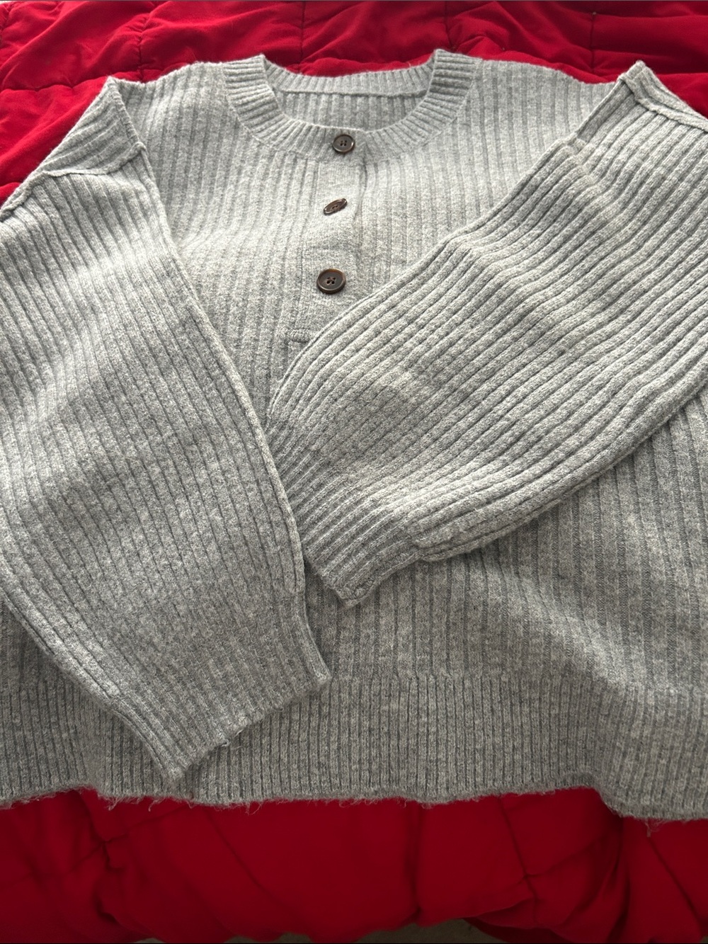 Amazon Women's Light Gray Rib-Knit Crew Sweater with Button Placket